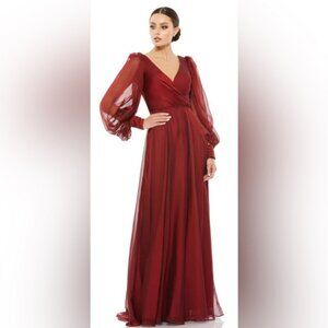 Mac Duggal NWT Sheer Blouson Sleeve Surplice Gown in Garnet Size 4